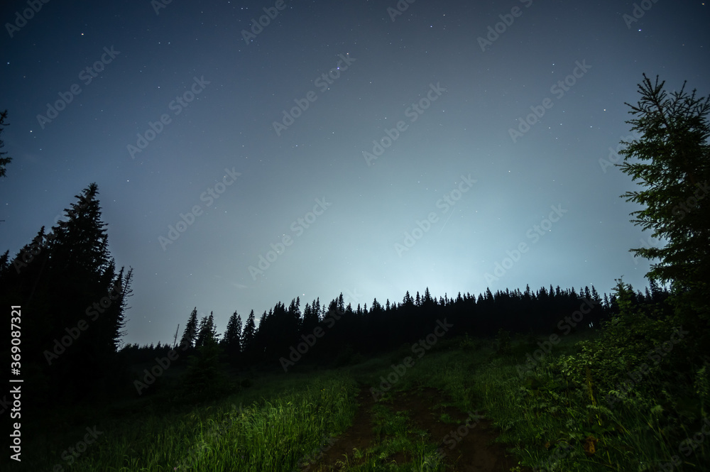 Moonlit foggy night in the mountains in summer