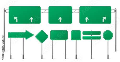 Highway green road signs, blank signage boards on steel poles for pointing city traffic direction, empty panels with white guide arrows isolated on white background Realistic 3d vector illustration