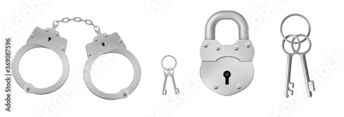 Closed handcuffs and padlock with keys. Concept of police arrest, jail custody. Vector realistic set of metal handcuffs for crime or gang, lock for prison and keys isolated on white background photo