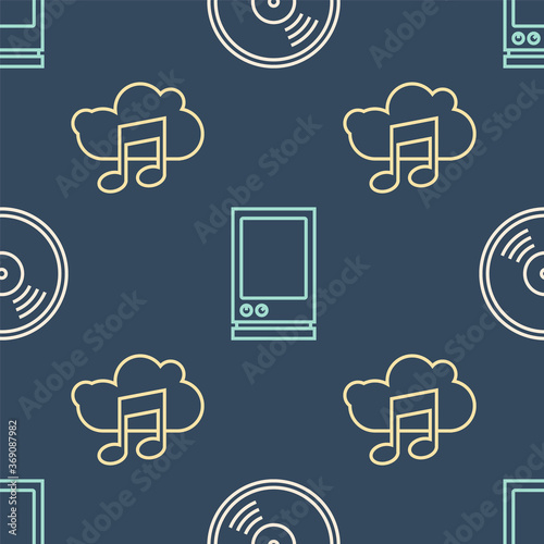 Set line Vinyl disk, Music streaming service and Voice assistant on seamless pattern. Vector.