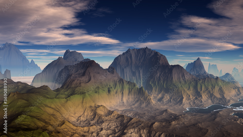 3D ilustration of mountians landscape and sea
