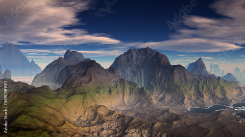 3D ilustration of mountians landscape and sea 