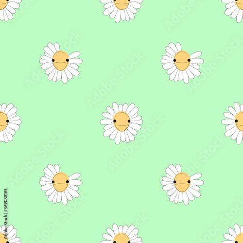 Flowers seamless pattern, Daisy cartoon characters on green wallpaper. 