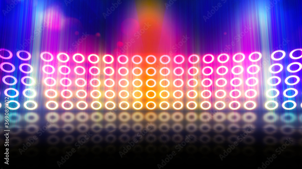 Gold Background of empty scene with neon lights. Abstract sparkling background. Illuminated stage on the stadium. Laser futuristic shapes on a dark background. 3D illustration.