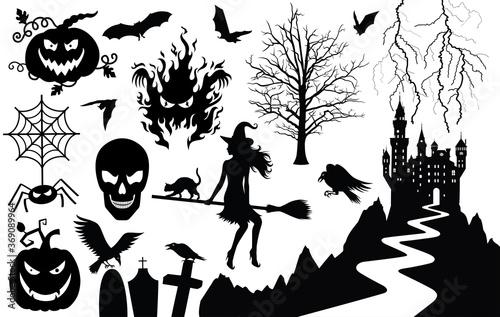 Halloween collection. Set of silhouettes of Halloween. Isolated on white. 