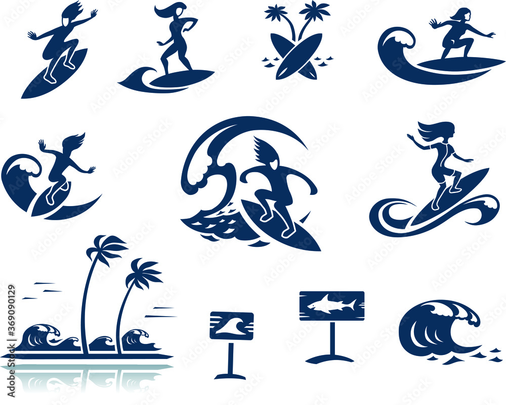Set of Surfers Drawing Silhouettes, Surfing Sport Symbols, Waves, Water Set of Surfers Drawing Silhouettes, Surfing Sport Symbols, Waves, Water