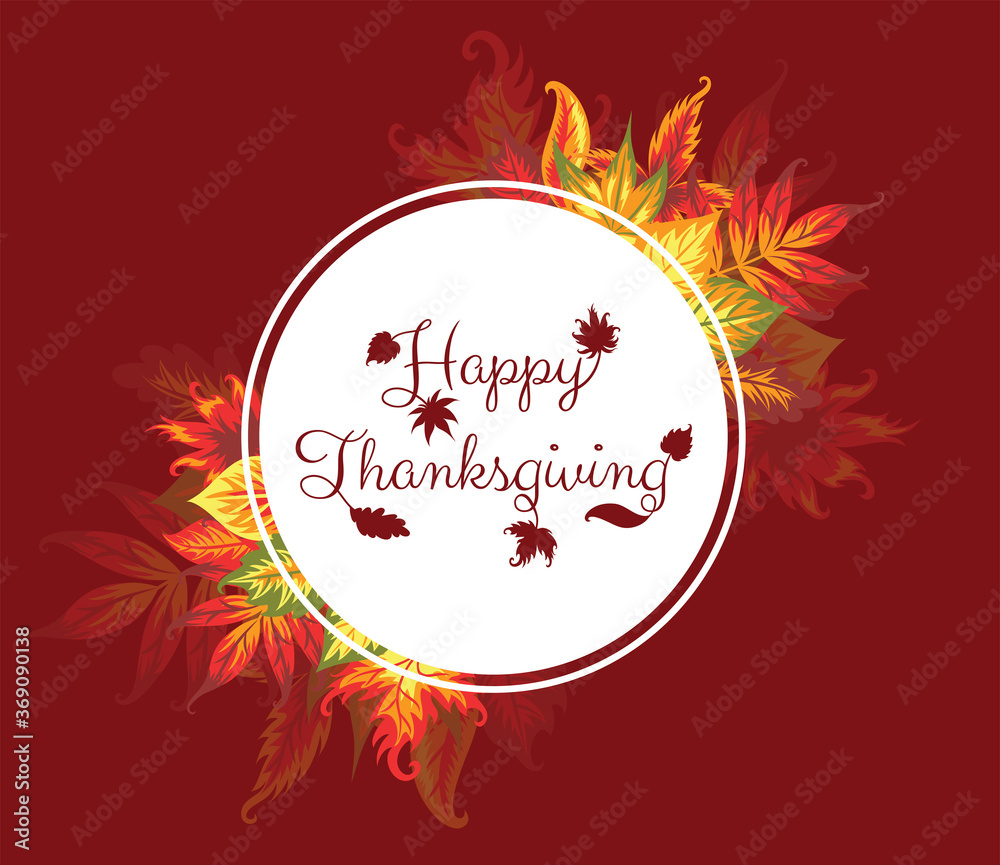 Autumn leaves and Happy thanksgiving text on the white circle. Red background.