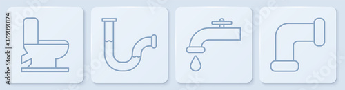 Set line Toilet bowl, Water tap, Industry metallic pipe and Industry metallic pipe. White square button. Vector.