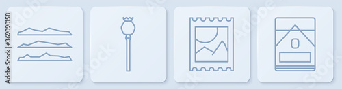 Set line Cocaine or heroin drug, LSD acid mark, Opium poppy and Cigarettes pack box. White square button. Vector.