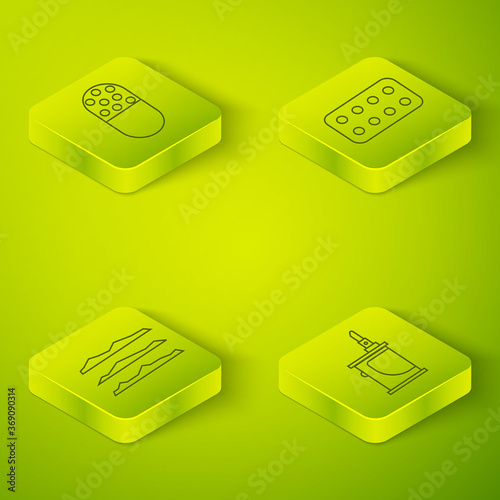 Set Isometric Pills in blister pack, Cocaine or heroin drug, Electronic cigarette and Medicine pill or tablet icon. Vector.