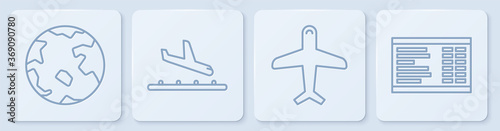Set line Worldwide, Plane, Plane landing and Airport board. White square button. Vector.