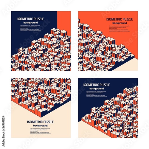 Trendy isometric square templates for social media, stories and posts, web banners and digital marketing, mobile apps. Jigsaw puzzle isometric background with many colorful pieces