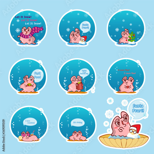 Set of vector cartoon pearl oyster in water bubble or drop of water. Illustration of kawaii pink snail with different face expression. Perfect for icons, prints, stickers or smiles. Abstract design
