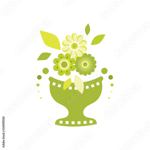Vector illustration of stylized vase with flowers. Flat style flowers, leaves, petals. Elements for design isolated on white background