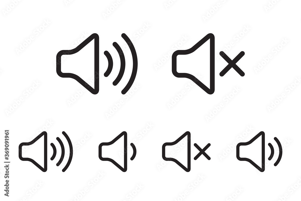 Sound icon, volume symbol, speaker sign, audio control icon set, black line icons, vector illustration.