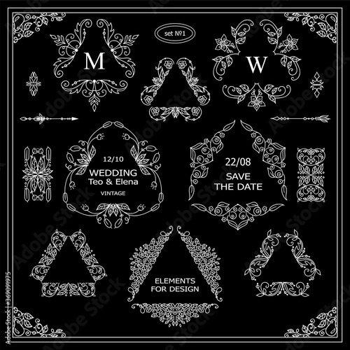 Vector set of calligraphic elements for design. Triangle template for logo, monogram, invitation and wedding symbols, arrows and ribbons. Hand drawn flowers, rose and pears, chalkboard style