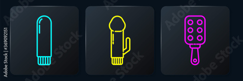 Set line Dildo vibrator, Spanking paddle and Dildo vibrator. Black square button. Vector.