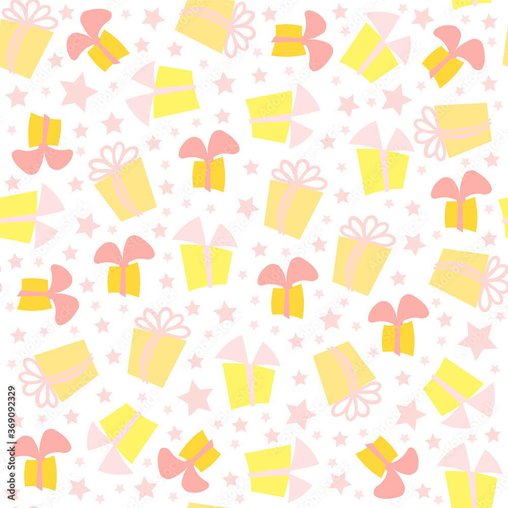 Vector seamless pattern. Cute present boxes with ribbon bow and confetti from stars. Festive, cute random colors. Perfect for wrapping paper, background, texture for textile, fabric Vector seamless pattern. Cute present boxes with ribbon bow and confetti from stars. Festive, cute random colors. Perfect for wrapping paper, background, texture for textile, fabric