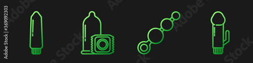 Set line Anal beads, Dildo vibrator, Condom and Dildo vibrator. Gradient color icons. Vector.