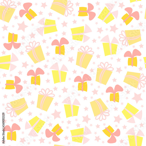 Vector seamless pattern. Cute present boxes with ribbon bow and confetti from stars. Festive, cute random colors. Perfect for wrapping paper, background, texture for textile, fabric