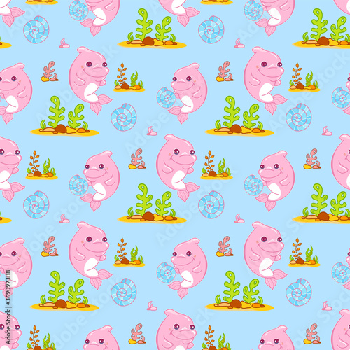 Abstract vector seamless pattern. Funny baby girl pink dolphin with seashells and seaweeds on colored background, punch pastel colors. Cartoon pattern for kid’s design, fabric, textile