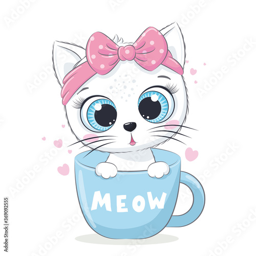 Animal illustration with cute little cat in cup.