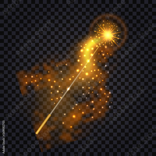 Magic wand with fire trail, glowing light effect and shiny sparkles. Vibrant golden radiance, isolated object. Abstract vector illustration