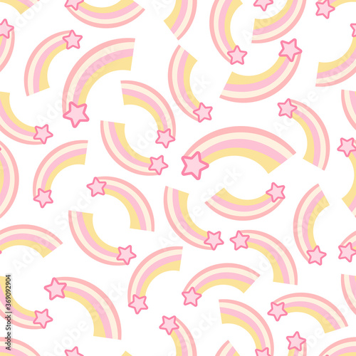 Seamless endless vector pattern. Simple abstract design. Little cute geometric falling stars, or rainbows with stars. Bright punch pastel children’s colors, white background
