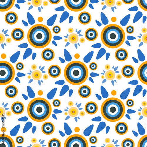 Abstract vector seamless pattern. Simple design, abstract background. Little cute round geometric  tea flowers with leaves. Bright random colors, perfect for textile, fabric, wallpaper