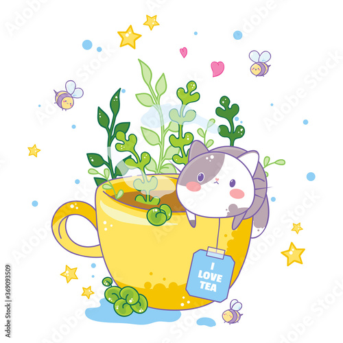 Vector cartoon art. Kawaii tea cup with tea, fat cat and cute plants around, branch, leaves, stars and funny smiling bees. Tea bag label with “I love tea” text. Perfect for tea houses design