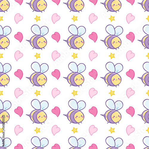 Vector seamless pattern, cute kids design. Kawaii anime smiling bees with hearts and stars on white background. Funny design. Perfect for wallpaper, paper, background, textures, ornament