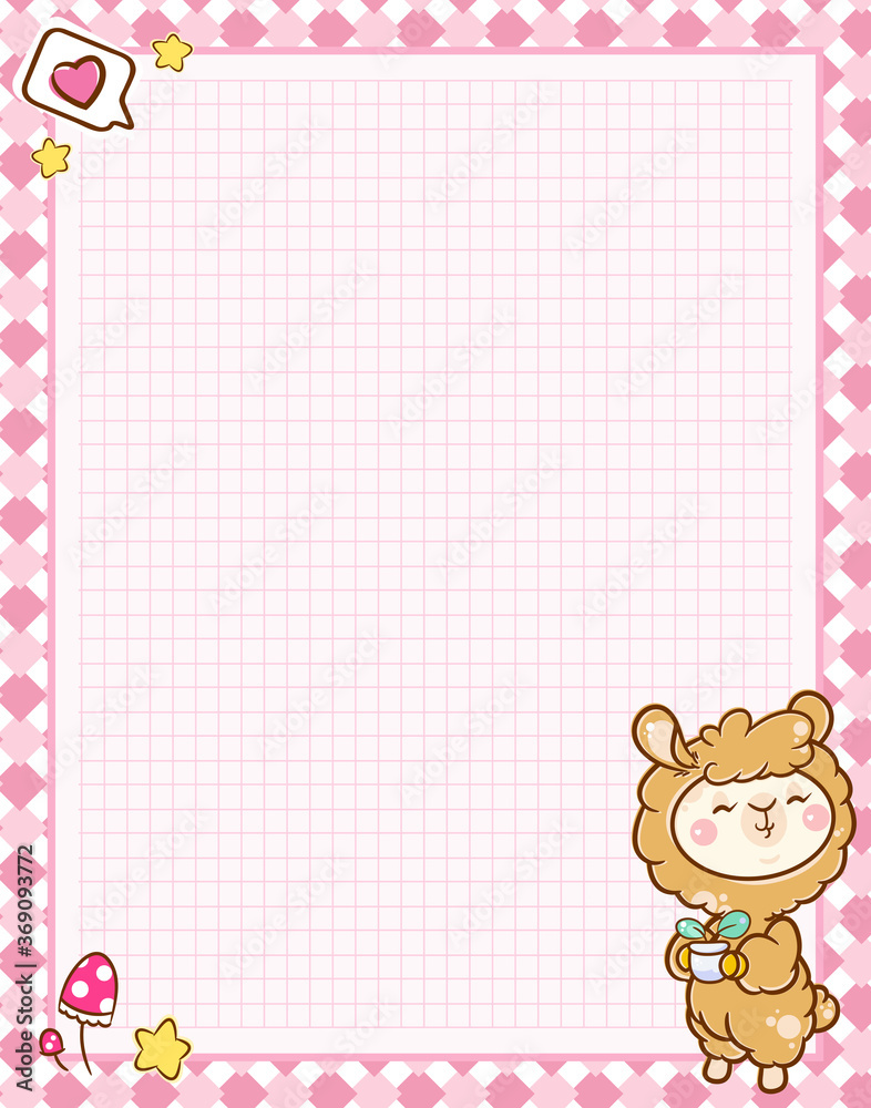 Vector printing paper note, A4 size. Squared paper blank for notebook, diary, letters, planners, notes. Kawaii anime Llama with plants on cute pink background, stars and heart Vector printing paper note, A4 size. Squared paper blank for notebook, diary, letters, planners, notes. Kawaii anime Llama with plants on cute pink background, stars and heart