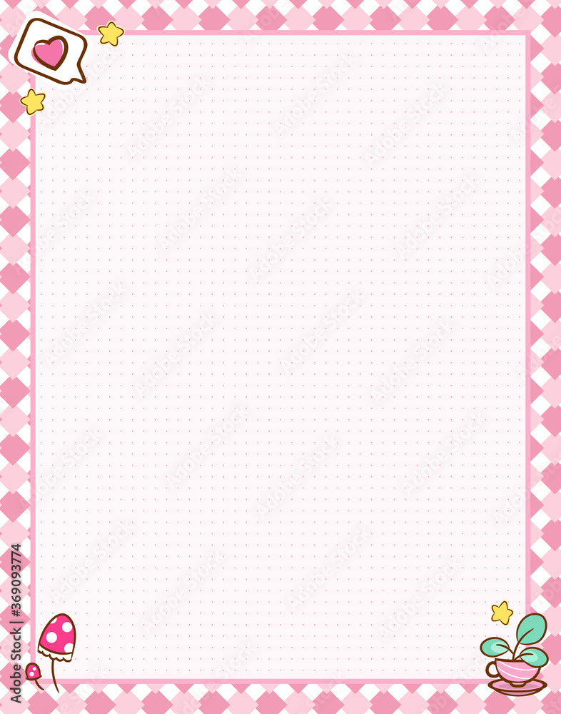 Vector printing paper note with dotted sheet (bullet journal style) for notebook, diary, letters, planners, notes. Kawaii plant in teacup on cute pink background, stars, mushrooms, A4 size Vector printing paper note with dotted sheet (bullet journal style) for notebook, diary, letters, planners, notes. Kawaii plant in teacup on cute pink background, stars, mushrooms, A4 size