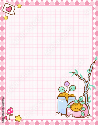 Vector printing paper note, A4 size. Squared paper blank for notebook, diary, letters, planners, notes. Kawaii art of plants on cute pink background, stars, heart, mushrooms