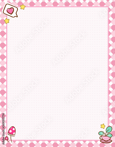 Vector printing paper note with dotted sheet (bullet journal style) for notebook, diary, letters, planners, notes. Kawaii plant in teacup on cute pink background, stars, mushrooms, A4 size