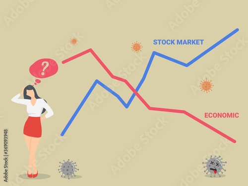 Stock market rising up in economic downturn recession due to Coronavirus COVID-19 outbreak concept, businessman investor confusing with infographic show economic recession and stock market rise up.