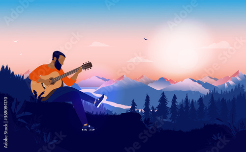 Modern blues music player with guitar outdoors. Man sitting with acoustic instrument in wilderness playing bluegrass, blues and jazz. Vector illustration.
