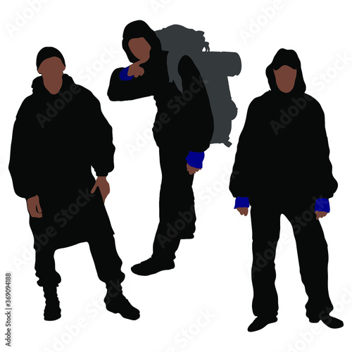 Three vector male silhouettes. Tourists guys hiking gear. A boy with a shoulder backpack. Guys in a raincoat and a jacket with a hood. Isolated on white in various poses. Active, healthy lifestyle