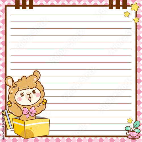Vector square printing paper note. Lined paper blank for notebook, diary, letters, planners, notes. Kawaii anime Llama with gift box on cute pink background, stars and cute flower