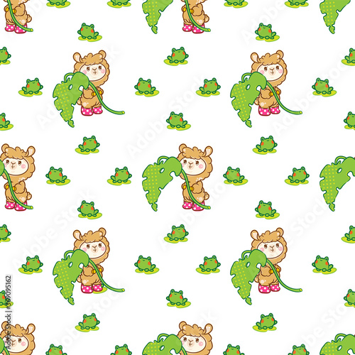 Vector cartoon seamless pattern. Kawaii anime alpaca (or llama) in funny pink boots with monstera leaves and cute toads. Simple design with popular animal, perfect for paper, stationery
