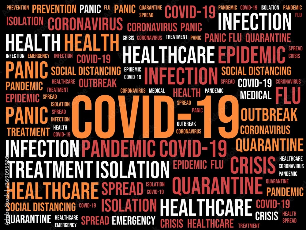 Covid-19 - Covid-19 word cloud - Illustration with words related to the corona virus Covid-19 - Covid-19 word cloud - Illustration with words related to the corona virus
