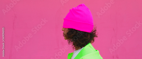 Woman in purple hat over eyes