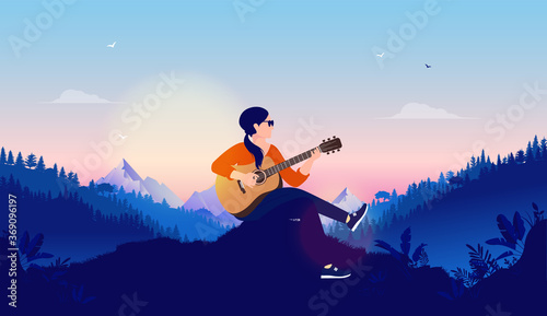 Female singer and songwriter - Woman playing guitar late evening with nature and sunset in background. Vector illustration.