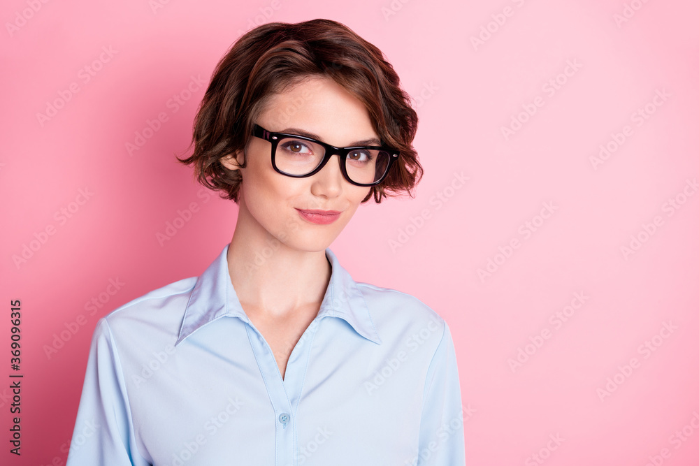 Close-up portrait of her she nice attractive intelligent brainy brown-haired girl executive employee specialist agent broker assistant secretary isolated pink pastel color background