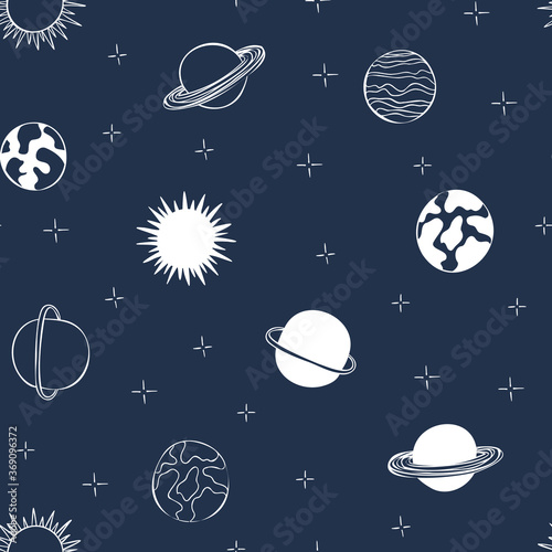 Planets and stars seamless pattern design hand-drawn on blue background. Space, universe, planets - fabric wrapping, textile, wallpaper, apparel design.