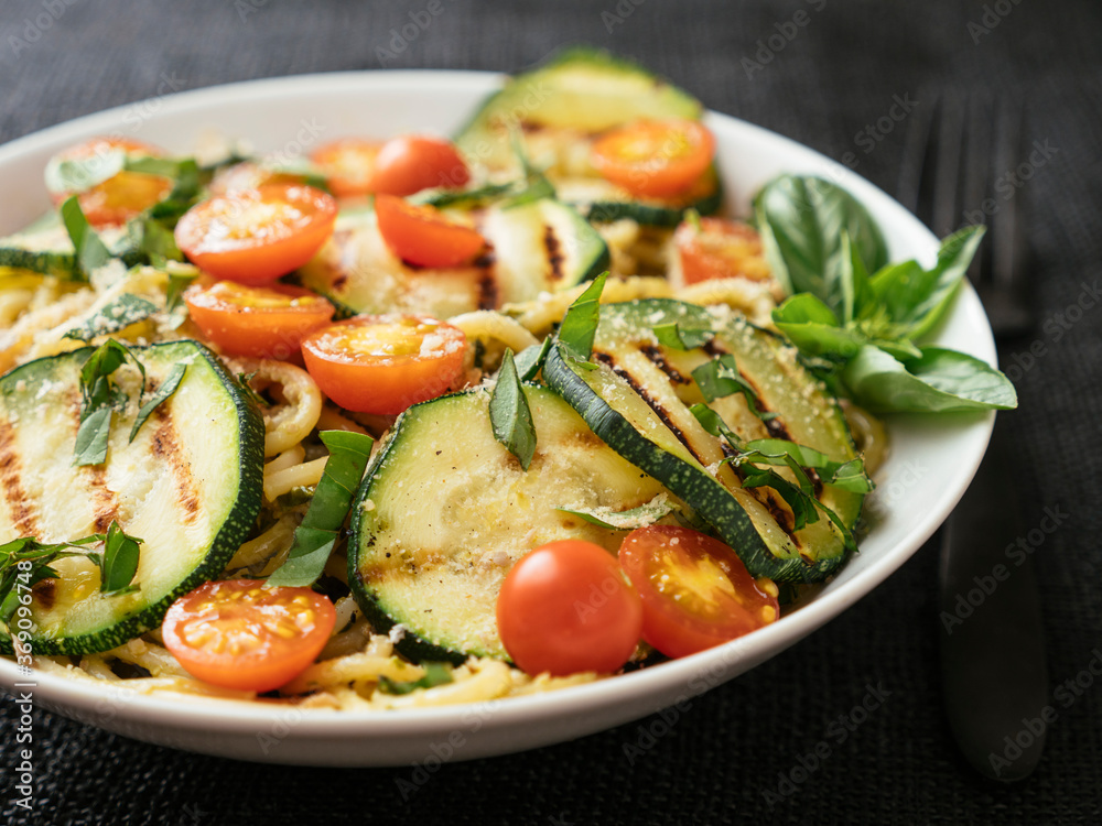 Pasta with Basil Pesto, Grilled Zucchini and Cherry Tomatoes Pasta with Basil Pesto, Grilled Zucchini and Cherry Tomatoes