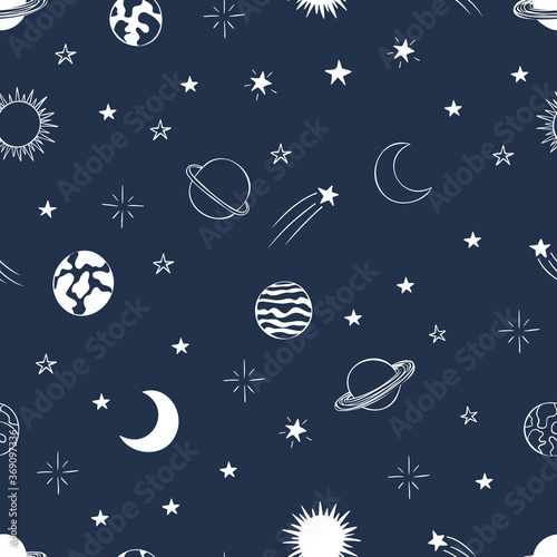 Space vector seamless pattern design hand-drawn on blue background. Space, universe, moon, falling stars, planets - fabric wrapping, textile, wallpaper, apparel design.