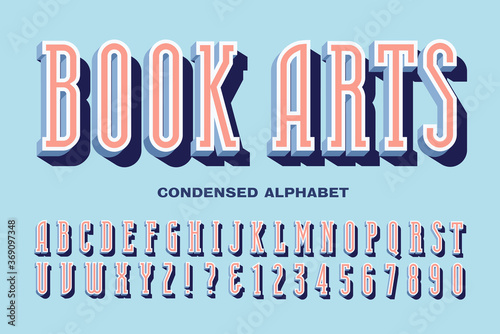 A Condensed Tall Font in Pastel Blues and Pinks. Book Arts Alphabet is a Geometric Capital Lettering Suitable for Book Titles, Banners, Logos, etc.