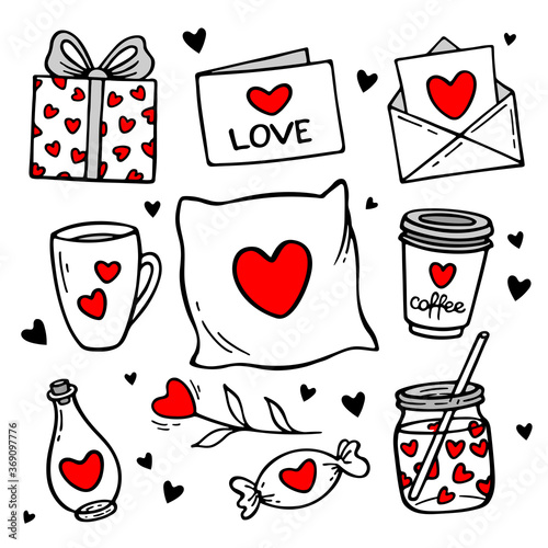 Love doodles elements. Cute hand drawn set of icons with gift, hearts, letter, cups, gifts, potion. Vector illustration. Design for prints, cards and coloring page. Valentine's day theme poster. 