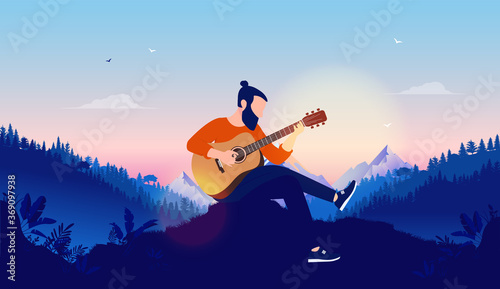 Leisure activity guitar playing outdoors - Hipster man with beard practicing singer songwriter music alone with beautiful view of nature, forest and mountains. Vector illustration.